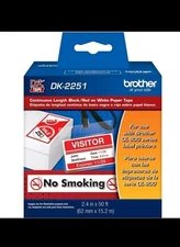 Genuine DK-2251 Continuous Length Labels, Black/Red Label on White Paper Tape...