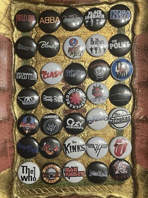 Rock Bands 1'' Button Pin Lot (35) Floyd Queen Who Sabbath The Beatles Zeppelin