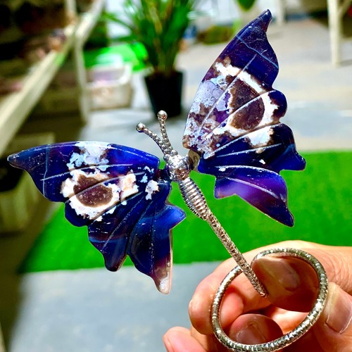 Agata fiori di ciliegio blu naturale 50 g esemplare ali di farfalla intagliate a mano - Foto 2 di 16