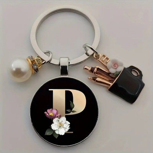 Unique Alloy Keychain Featuring Alphabet Charms and Stylish Pearl Details - Picture 7 of 38