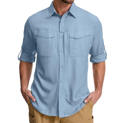 Men's Sun Protection Safari Shirts Long Sleeve UPF 50+ UV Quick Dry Travel Hi...
