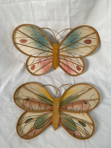 1960's Pink Green Butterflies Bent wood Wall Hangings Colorful Fabric Wings # 2 - 第 1/6 張圖片