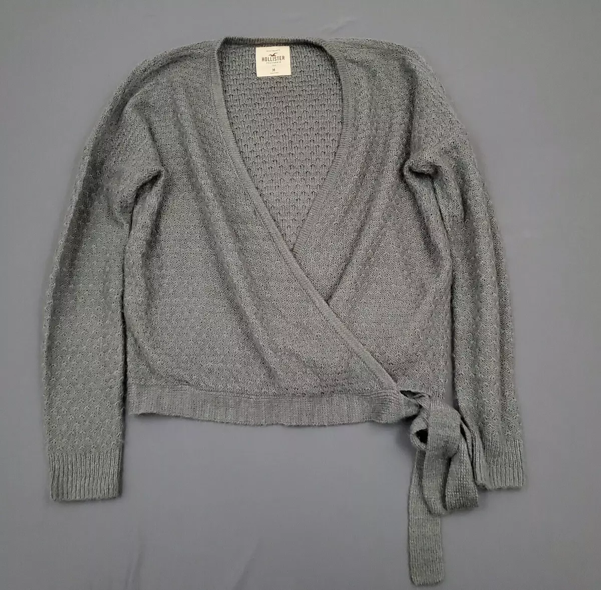 Hollister Sweater Womens Medium M Long Sleeve Wrap V Neck Tie Fuzzy Gray