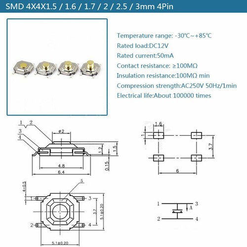 4x4mm SMD Waterproof Micro Switch Tactile Push Button Switch Tact Switch 4-Pin - Picture 6 of 6