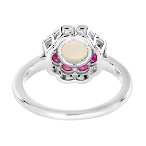 14K White Gold Natural Opal Ruby Diamond Art Deco Style Halo Ring - Picture 5 of 11