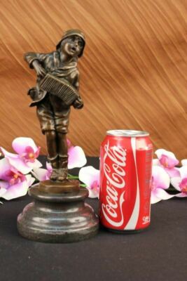 VIENNA BRONZE BOY PLAY ACCORDION SCULPTURE  STATUE ON MARBLE BASE FIGURINE DECO
