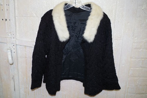 C11 Black 60s Cocktail Jacket Cardigan Ribbon Hand Knit White Mink Fur Collar - Picture 7 of 11