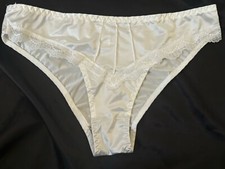 French Cut High Cut Satin Bikini Brief Panties Lace Trim Pure Silky White Sz Med