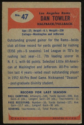 1955 Bowman #47 Dan Towler Los Angeles Rams - Picture 2 of 2