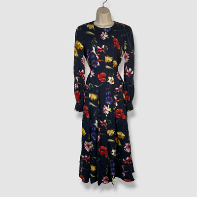 Oscar De La Renta Women's Blue Floral Knife-Pleat Self-Tie Dress Size 10