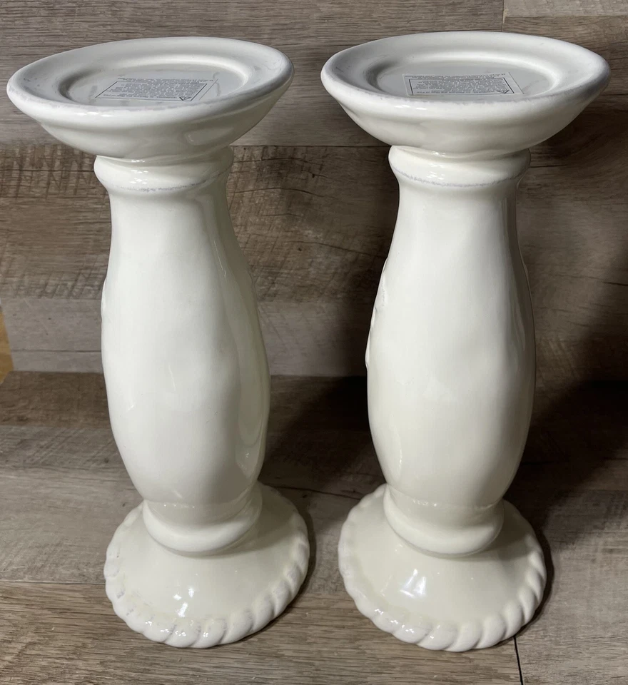 "Juego de 2 candelabros de pedestal de cerámica blanco roto 12"" H granja"  Foto 3 de 4