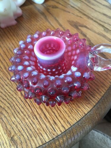 Vintage Fenton Cranberry Opalescent Hobnail Handled Candlestick, 3870 CR - Picture 3 of 4