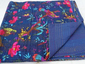 Cotton bird kantha quilt handmade Indian boho bohemian bedding bedspread blanket