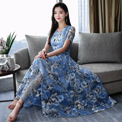 Elegantes langes Damen Sommer V-Ausschnitt Kurzarm Boo Print Abend Party Kleid KÄSE - Bild 2 von 12