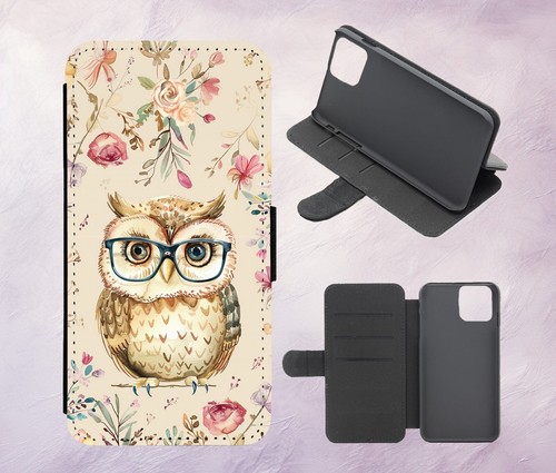 Cute Floral Owl Glasses Art PU Leather Flip Case for iPhone Samsung Huawei Pixel