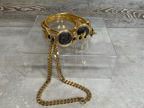 JUDITH LEIBER VINTAGE PEWTER NAPOLEON COIN BLACK ONYX DOUBLE STRAND SNAKE BELT - 第 1/5 張圖片