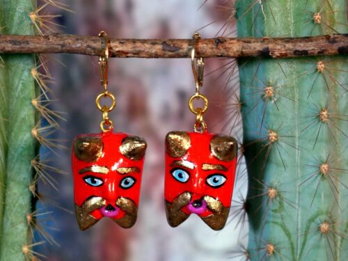 Red Devil Earrings Gold Horns Beard Handmade Polymer Clay Oaxaca Mexico Folk Art - Picture 1 of 12