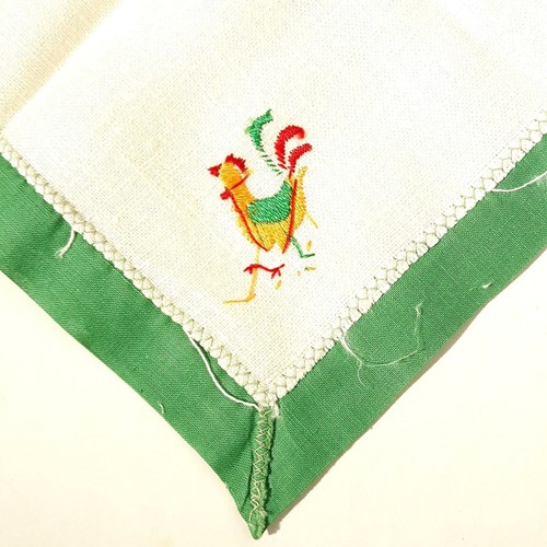 4 Embroidered Linen Napkins Green Banding Rooster Farm Country Retro Vtg - Picture 5 of 5
