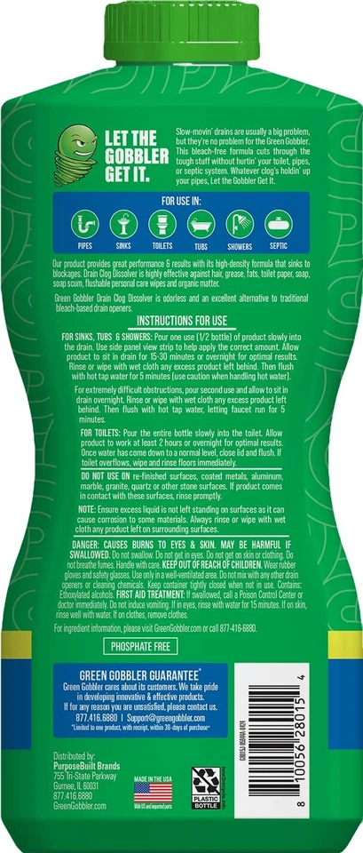 Green Gobbler Drain Clog Dissolver 15.5 Fl Oz 2 Pack Hair Soap Toilet Paper Safe - Image 2 of 4