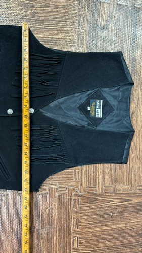 Vintage 80er Jahre Damen Größe M schwarz Wildleder Leder Druckknopf Fransenweste Jacke Western - Bild 9 von 9