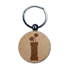 Golf Clubs Bag Engraved Wood Round Keychain Tag Charm