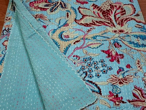 Queen Blue Handmade Floral print Kantha Quilt Cotton Blanket, Bedspread Throw - Bild 5 von 7