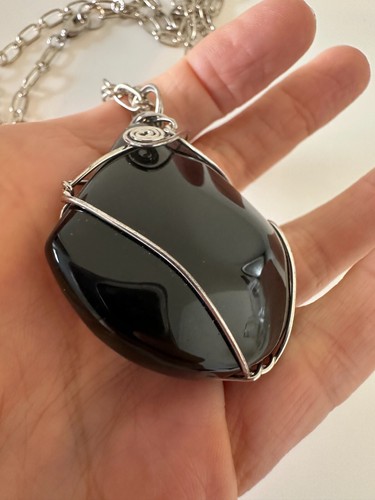 Large Black Quartz Druzzy Raw Pendant Necklace Silver Tone Links Statement 30" - Picture 9 of 11