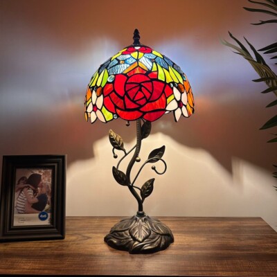 Tiffany Style Table Lamp Stained Glass Rose Flowers LED Bulb 10''W*10''D*20''H