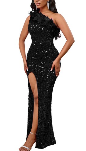 Women Fashion Sequins Dress One Shoulder Sleeveless Sexy High Slit Evening Dress - Foto 65 di 65