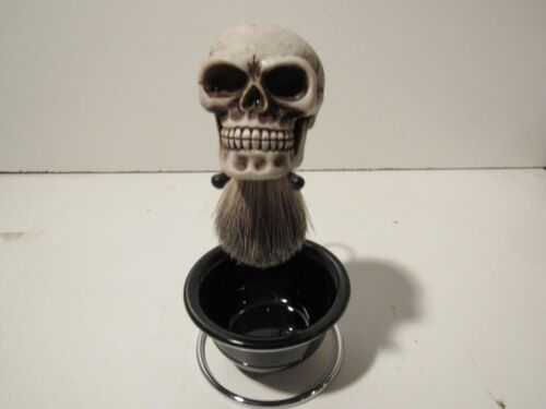 Custom Skull Shaving Brush with Badger Hair, Metal Stand and Bowl - Picture 1 of 4