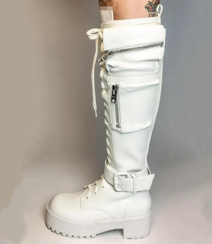 Women Round Toe Lace Up Knee High Boots Buckle Strap Block Heel Shoes Club - Picture 7 of 10