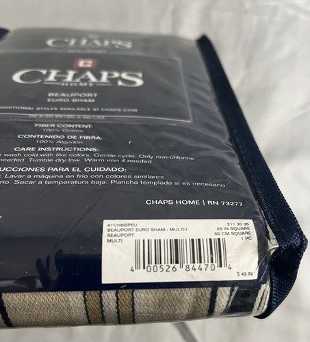 Chaps Beauport Euro Sham 26x26 100% Cotton Navy Blue & Tan striped One Sham - Picture 4 of 7
