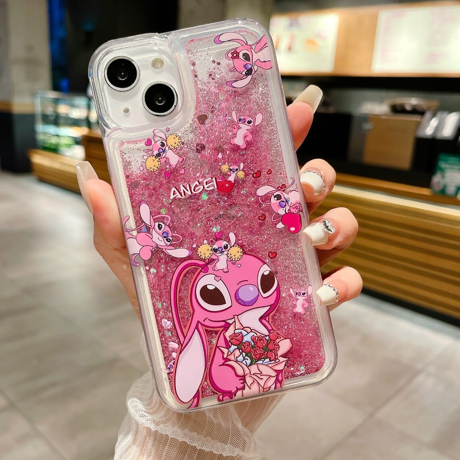 For Various Phone Cartoon Cute Rose Stitch Liquid Bling Quicksand Case Cover - Picture 6 of 14