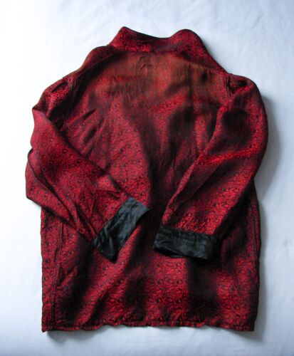 Vintage 50s Oriental Arts Museum Black Red Satin Floral Brocade Smoking Jacket - Picture 2 of 5