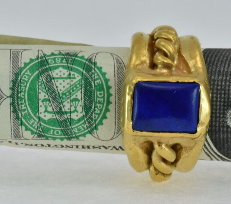 22k Solid Gold Handmade Rectangle Lapis Heavy Ring - image 17