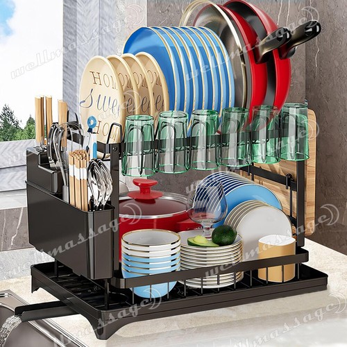 2 Tier Dish Drying Rack Plate Drainer Cutlery Holder Kitchen Organizer Storage - Picture 12 of 12