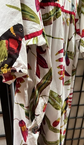 Vintage Kris Gudnason Women L Unisex  House Dress Caftan Floral Birds Design 70s - Picture 6 of 6