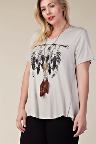New VOCAL PLUS SIZE Womens CRYSTAL TAUPE NATIVE FEATHER TUNIC SHIRT 1X 2X 3X USA - Picture 5 of 6