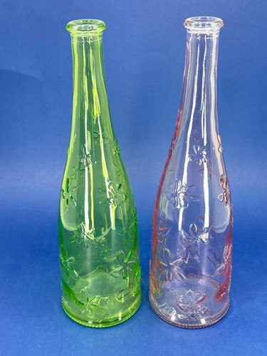 Set of 2 IKEA Glass Bottle Vases Floral Design by Emma Dafnas 11.5" Pink & Green