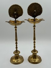 Mayur Diya Puja Deepam Oil Wick Lamp Handmade Brass Stand Deepak - Set of 2