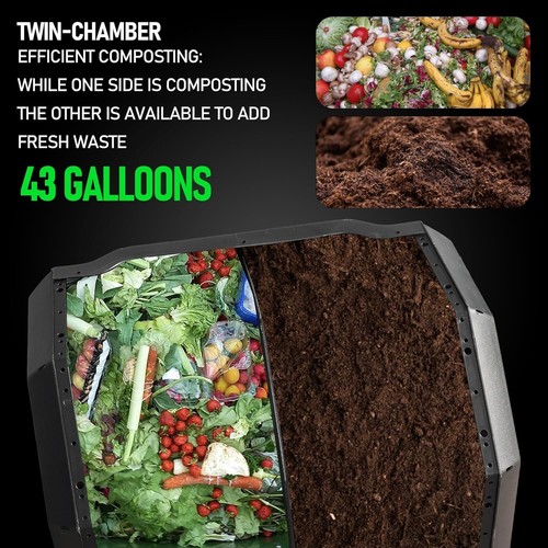 Compost Bin Outdoor 43 Gallon Dual Chamber Tumbling with Sliding Doors Garden - Picture 6 of 8