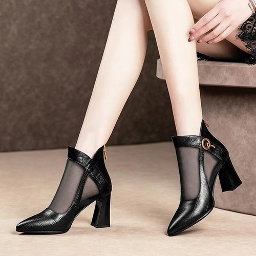Women's Summer Mesh Boots High Heels Zipper Square Heel Sandals Pumps Shoes - Picture 4 of 26