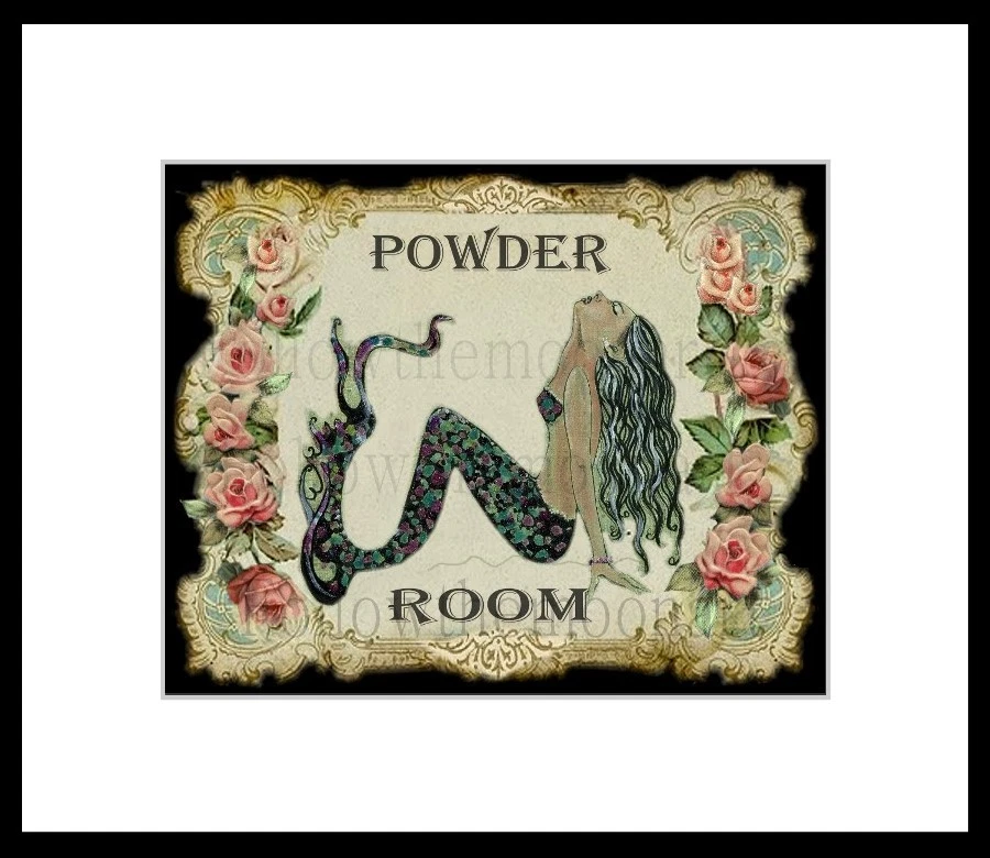 Powder Room Pretty Black haired Mermaid Pink Vintage Roses Nautical  Art print - Image 2 of 4