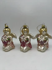 3 Hand Blown Glass CHERUB ANGELS ORNAMENTS Pink White & Gold Christmas Hearts