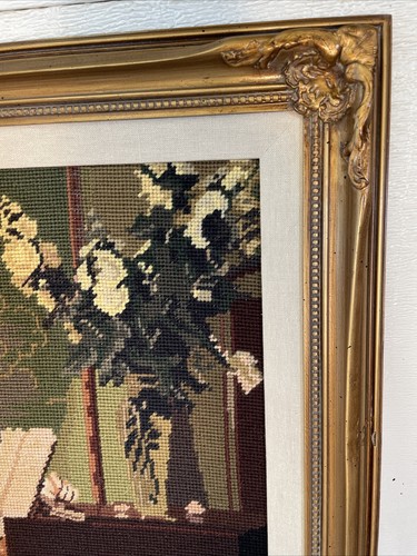 Vtg “The Music Lesson” Petit Point Woolen Gobelin Needlepoint Completed Framed - Picture 8 of 13