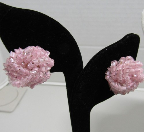 ELEGANTE VINTAGE ROSA GLAS 8 STRÄNGE RÖHREN PERLENKETTE & PASSENDE CLIP OHRRINGE - Bild 4 von 4