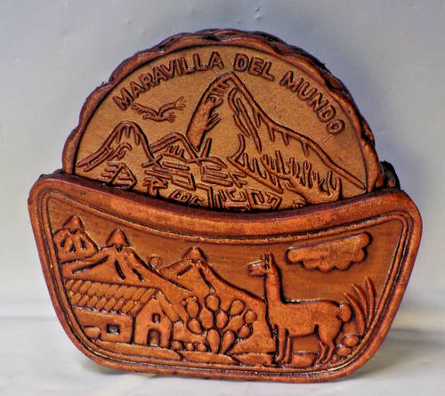 Sottobicchieri vintage souvenir Cusco Perù in pelle 6 Machupicchu Lama & Village con custodia - Foto 2 di 8