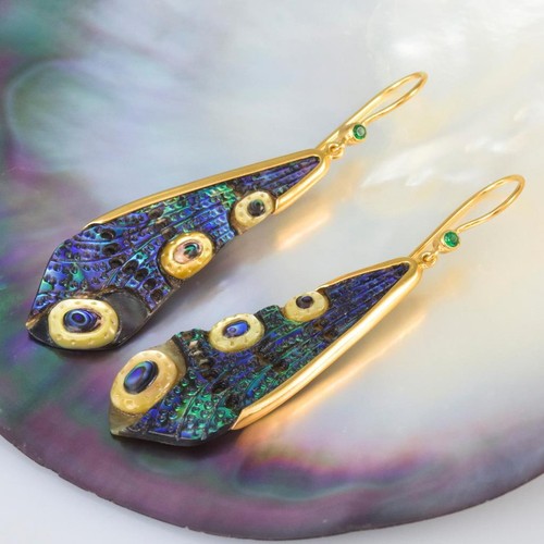 Dragonfly Wing Earrings Abalone Carving Gold Vermeil Sterling & Emerald 6.04 g - Picture 6 of 12