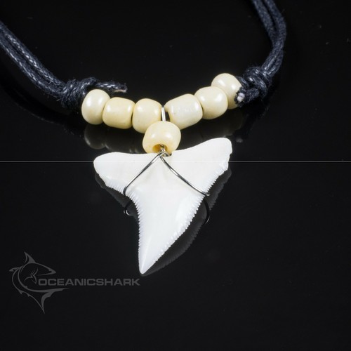 Real blue shark tooth cream off white glass seed beaded necklace c228 - Picture 2 of 2