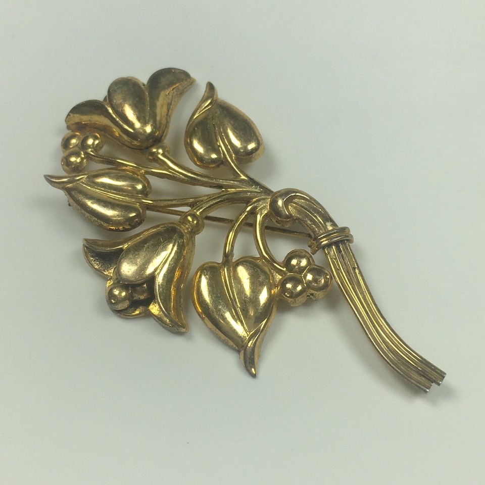 Vintage Coro Floral Bouquet Brooch Pin Sterling Silver Gold Vermeil 3